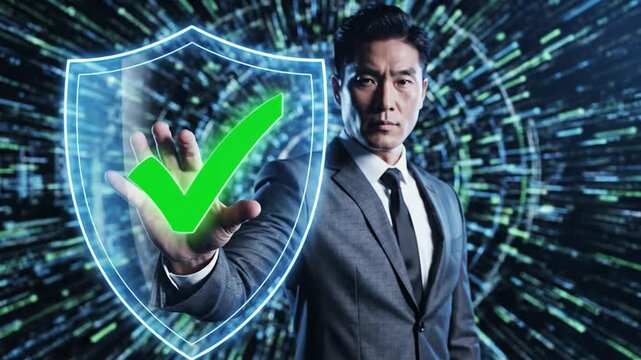 Businessman interacts with glowing shield and green checkmark in futuristic cyber environment
