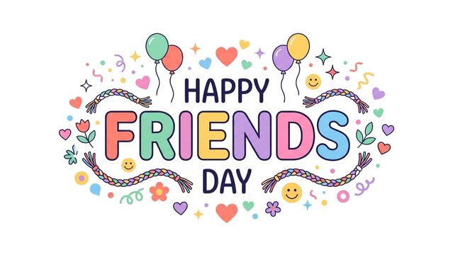 Happy Friends Day Colorful Typography Vector-Cute Friendship Celebration Illustration with Hearts Balloons Flowers and Smiley Icons