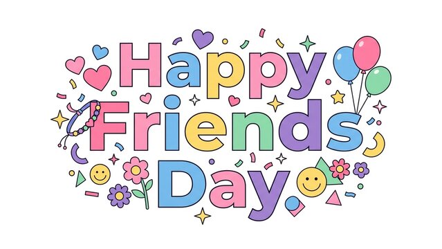 Happy Friends Day Colorful Typography Vector-Cute Friendship Celebration Illustration with Hearts Balloons Flowers and Smiley Icons