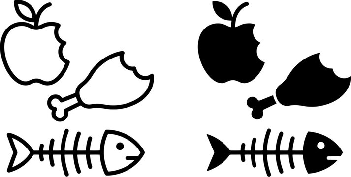 Food waste icon set in outline and solid black styles including apple core, chicken bone and fish skeleton.