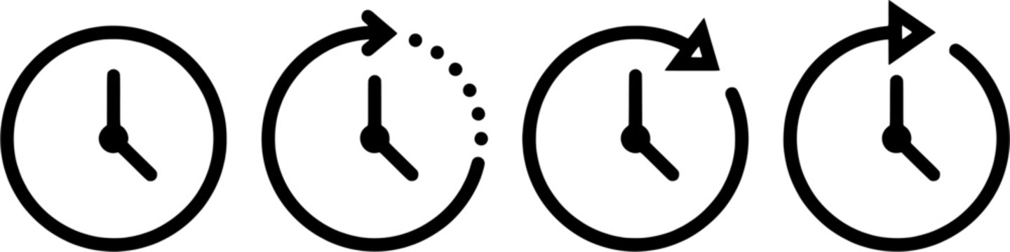 Clock icon set in a flat black outline style including standard time, loading progress, refresh and repeat symbols.