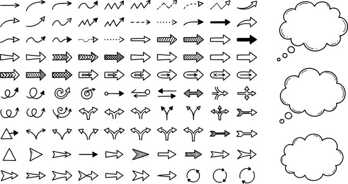 Doodle arrow icon set in a hand drawn style including straight, curved, dashed, split and circular symbols with speech bubbles. Editable vector illustration.