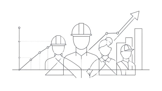 Construction Team Growth Line Art Illustration with Business Performance Chart, Engineering Workforce Development, Industrial Project Management and Productivity Analytics