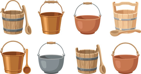 Rustic wooden and metal bucket collection featuring vintage pails with ladles for farming gardening household and traditional storage vector illustration © Prodip