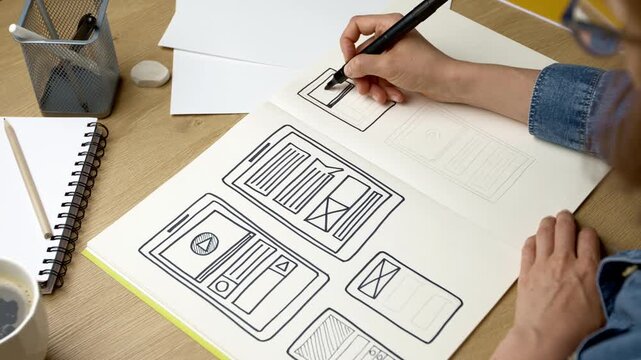 Designer Sketching User Interface Wireframe for Mobile App