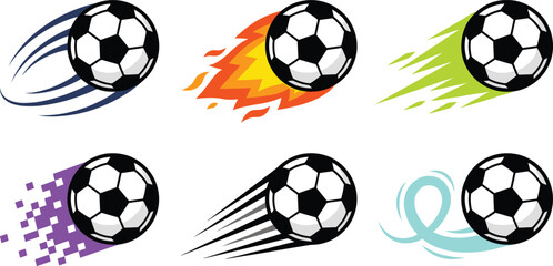 Soccer ball motion collection featuring flying footballs with speed trails flames and dynamic action effects isolated vector illustration © Prodip