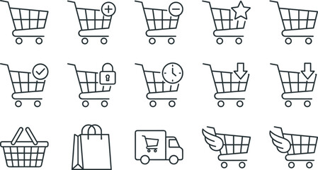 Shopping cart and ecommerce outline icon collection featuring online retail, delivery, checkout, wishlist and purchase management symbols © Prodip