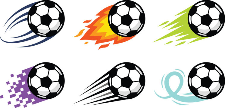 Soccer ball motion collection featuring flying footballs with speed trails flames and dynamic action effects isolated vector illustration