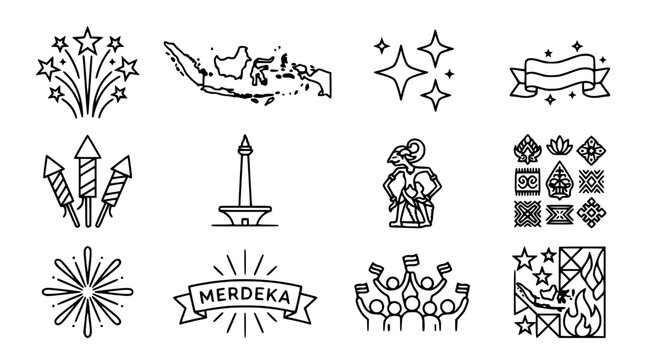 Indonesia Independence Day Icons: Map, Fireworks, Monas, Wayang, Merdeka Banner
