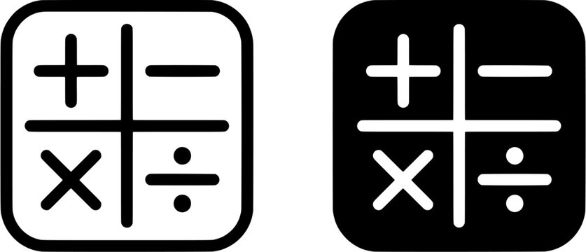Calculator math operation icon set. Addition, subtraction, multiplication and division symbols in outline and solid styles. Editable vector illustration on white background.