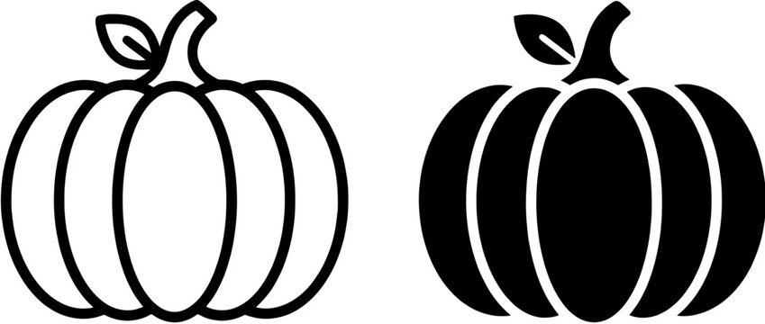 Pumpkin icon set. Vegetable symbols in outline and solid black styles. Editable vector illustration on white background.