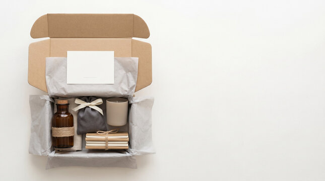 Unboxing a subscription box with minimal negative space reveals products inside