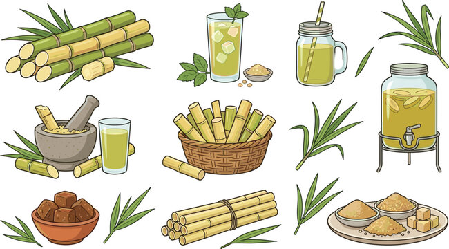 Sugarcane collection with fresh juice drinks jaggery bamboo baskets leaves and natural organic farming ingredients vector illustration