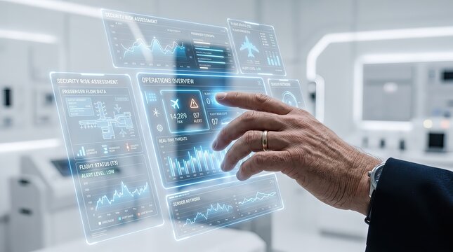 Premium aviation technology concept with security director analyzing virtual passenger flow data panels in luxury corporate office, Gen by AI