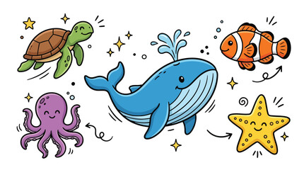 Fototapeta premium Adorable aquatic sea life doodle vector collection with smiling blue whale cute sea turtle purple octopus orange clownfish and starfish