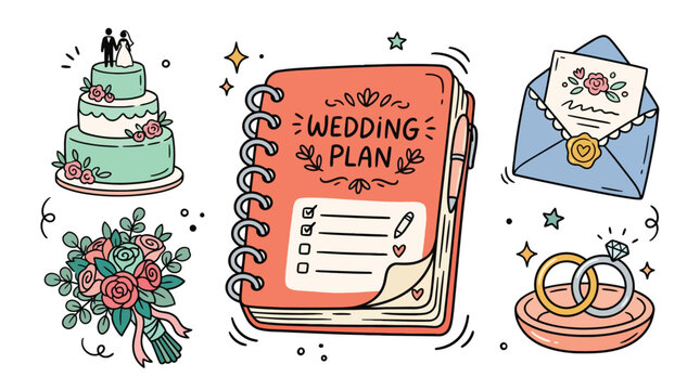 Charming hand drawn wedding plan doodle vector set featuring bridal bouquet beautiful tiered cake open invitation letter envelope and gold rings