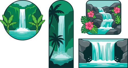 Tropical waterfall landscape collection featuring lush jungle cascades, rainforest scenery and exotic nature scenes vector illustration © Prodip