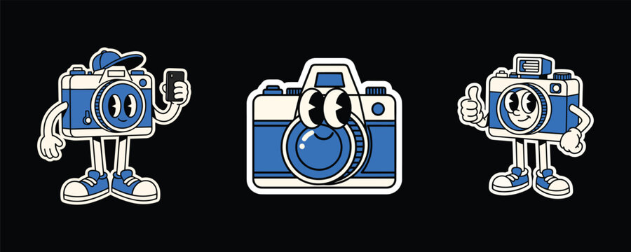 Retro Cartoon Camera Characters Set in Vintage Rubber Hose Illustration Style