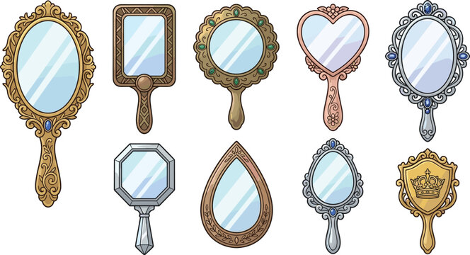 Vintage hand mirror vector collection featuring ornate vanity mirrors antique decorative frames princess handheld mirrors and elegant beauty accessories