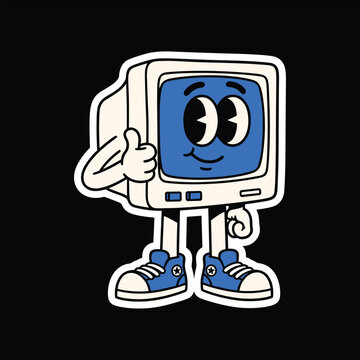 Retro Cartoon Computer Monitor Character with Thumbs Up Vintage Tech Mascot Illustration