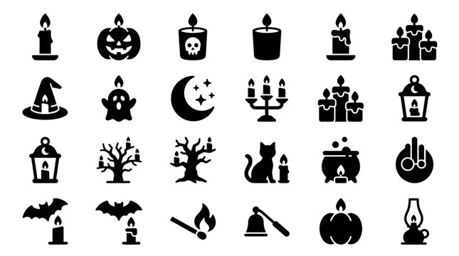 Halloween icons set with black silhouettes on white background