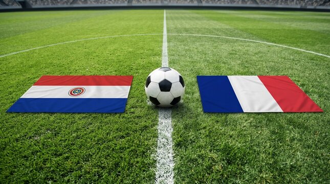 Soccer ball on a green grass field with the flags of paraguay and france