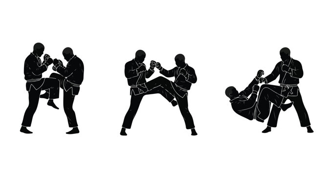 Martial Arts Fighters Silhouettes. Dynamic Combat Sport Graphic. Self Defense Vector Illustration.
