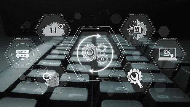 Abstract representation of digital technology and automation with gears, cloud storage, artificial intelligence, and data analysis icons over keyboard backdrop Sigmoid