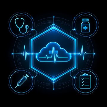 Medical cloud computing and health database concept with glowing neon icons, stethoscope, pill bottle, and cardiogram line
