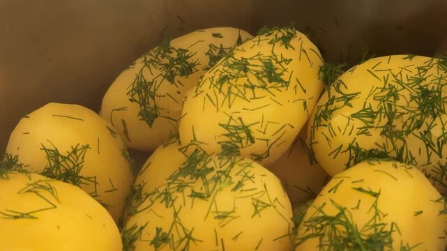 Freshly harvested Swedish new potatoes steaming in a cooking pot with chopped dill, traditional Nordic seasonal food and summer harvest concept