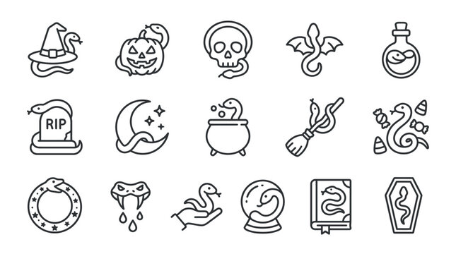 Halloween doodle icons of fish in witch hat, jack-o-lantern, RIP tombstone, magic wand and crying moon vector illustration