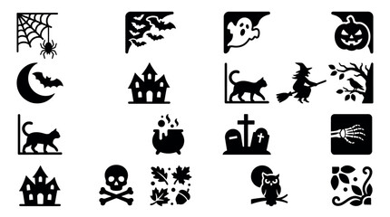 Fototapeta premium Halloween spooky icons set with spider web, bats, haunted house, black cat, moon and skull vector illustration