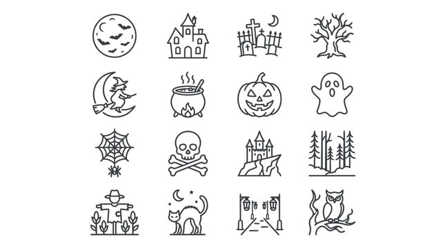 Halloween spooky icons set with bats, witch, cauldron, spider web, skull, moon, and scarecrow in black line art illustration