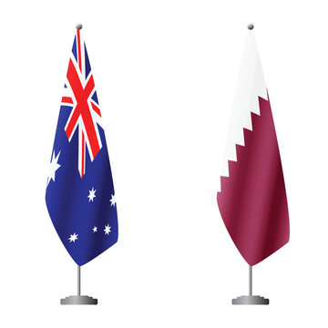 Australia and Qatar flags on flagpoles for official ceremonies and meetings, transparent background vector