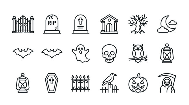 Line Art Cemetery Symbols and Gravestone Icons with RIP Headstone and Cross Vector Illustration
