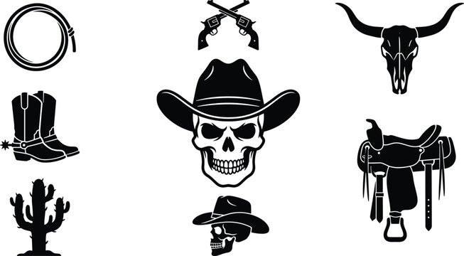 Western cowboy silhouette vector collection featuring skull hat revolvers saddle boots cactus bull skull and rodeo icons