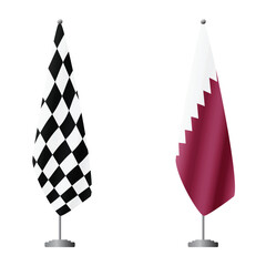 Obraz premium Checkered and Qatar flags on flagpoles for official ceremonies and meetings, transparent background vector