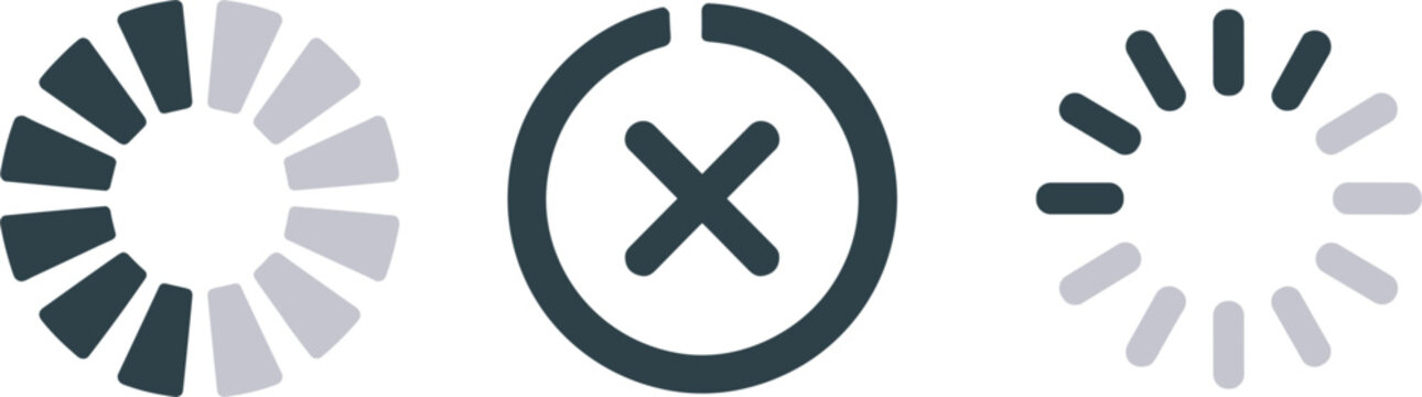 Vector icon set of circular web loading spinners, download preloader bars, and system cancel error buttons