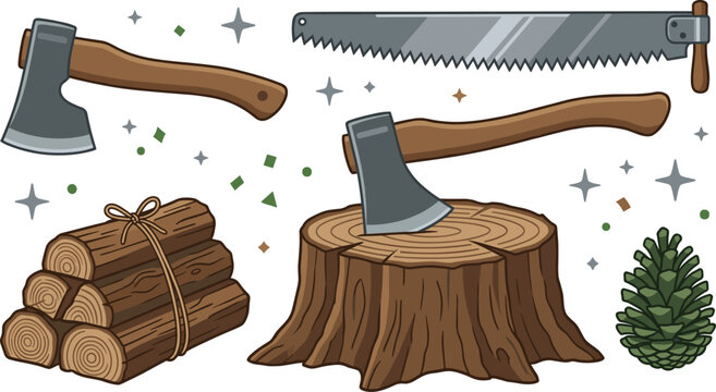 Woodworking lumberjack tools vector illustration collection featuring sharp hand axes tree stump logs pile hand saw and pinecone elements.