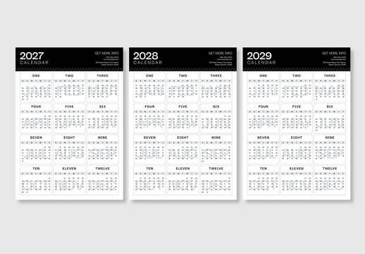 Minimal Style Annual Wall Calendar Layout for 2027, 2028, 2029
