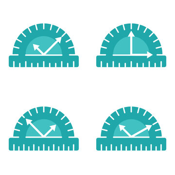 Set of four teal protractors showing different angles and measurements, mathematical tools for geometry education, vector graphic elements