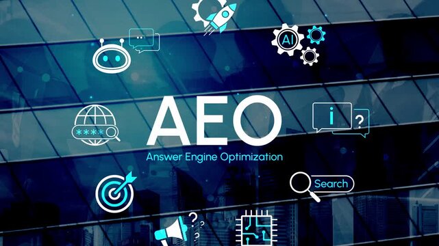 Modern Concepts of Answer Engine Optimization with Futuristic Graphics and Icons Representing AI, Search, and Digital Communication. Entropy.