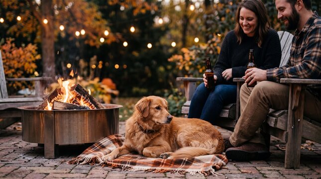 Cozy autumn evening with a couple and their golden retriever dog by a backyard fire pit