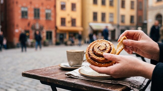 Woman tearing a fresh Swedish cinnamon bun kanelbulle at a cafe in Stockholm