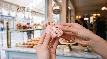 Obraz premium Woman's hands breaking a pink macaron in a Parisian pastry shop
