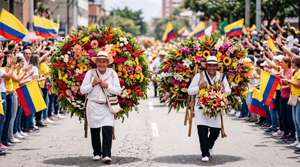 Silleteros Carry Large Flower Displays at Feria de las Flores in Medellin Colombia