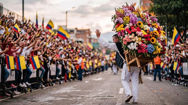 Silletero waves to the crowd at Feria de las Flores in Medellin Colombia