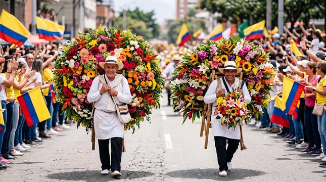 Silleteros Carry Large Flower Displays at Feria de las Flores in Medellin Colombia