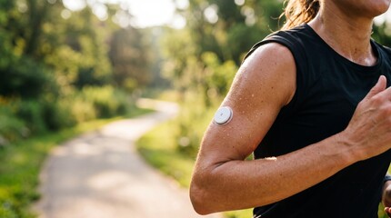 Sweaty female runner with CGM glucose monitor on arm running outdoors