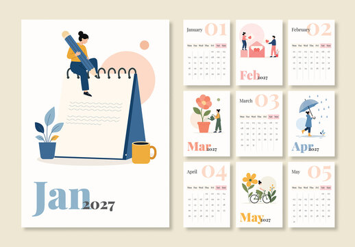 2027 Calendar Template with Vector Illustrations with Monthly Planner Design